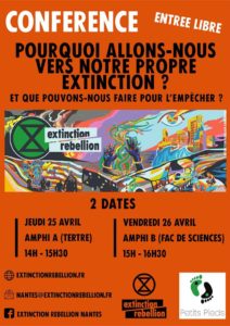 Nantes (44), Conférence Extinction Rebellion @ pin Université de Nantes Faculté des Sciences